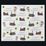Papel De Regalo White Merry Christmas Polar Bear Stars Trenes<br><div class="desc">Navidad de los arándanos blancos Sheikh con trenes,  oso polar con un regalo y estrellas verdes</div>