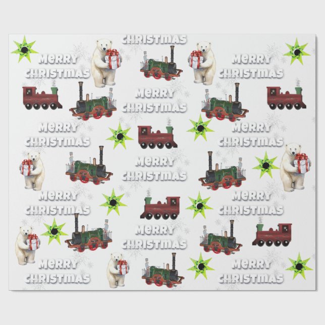 Papel De Regalo White Merry Christmas Polar Bear Stars Trenes (Superficie plana)