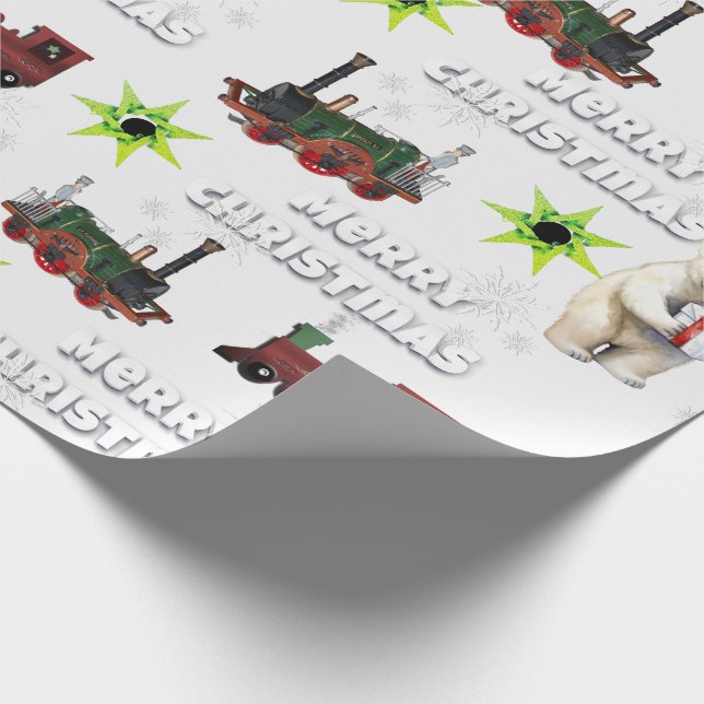 Papel De Regalo White Merry Christmas Polar Bear Stars Trenes (Esquina)