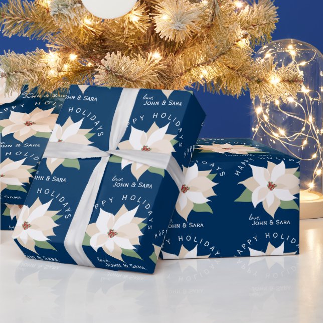 Papel De Regalo White Poinsettias Happy Holidays Blue Navidades (Vacaciones)
