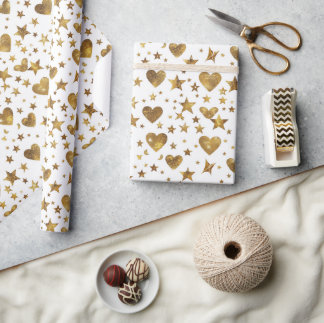 Papel De Regalo White With Gold Sparkle Hearts