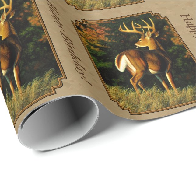 Papel De Regalo Whitetail Buck Deer Hunting Tan (Esquina del rollo)