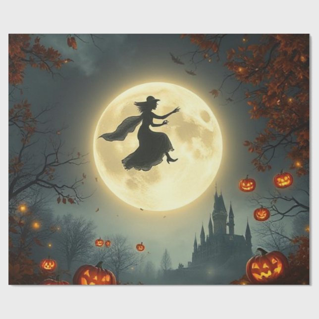 Papel De Regalo Wicked Mystical Witch Flying Over Full Moon 🌕 (Superficie plana)