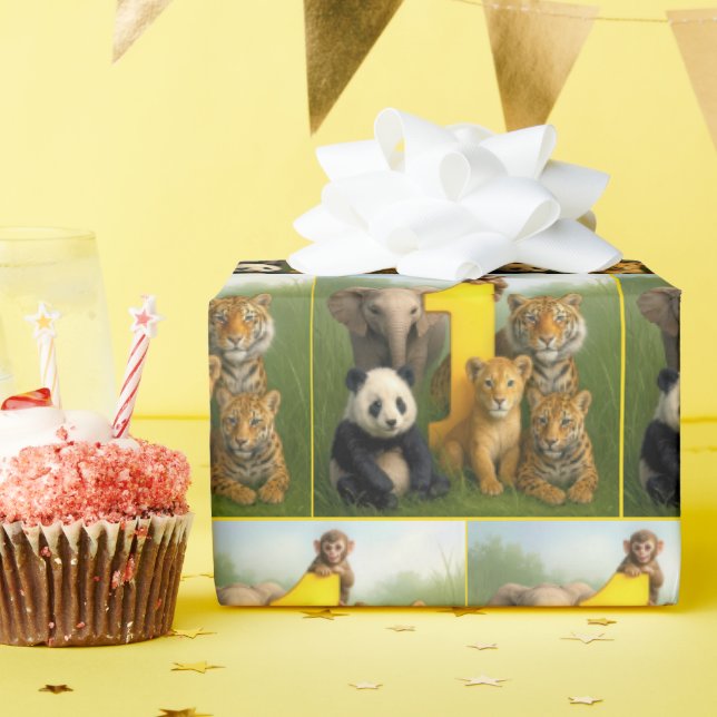 Papel De Regalo Wildlife Animal Babies With a Number One (Fiesta de cumpleaños )