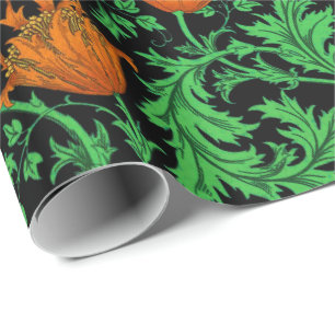 Papel De Regalo William Morris Anemone, Naranja, verde y negro