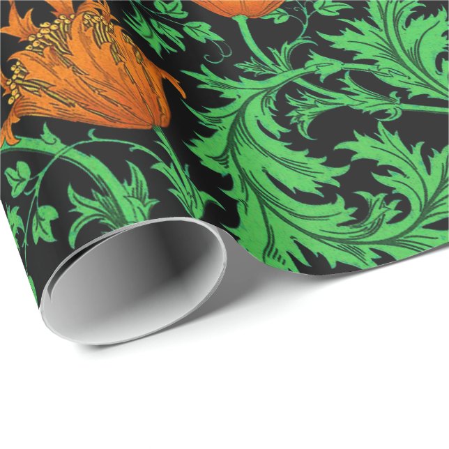 Papel De Regalo William Morris Anemone, Naranja, verde y negro (Esquina del rollo)