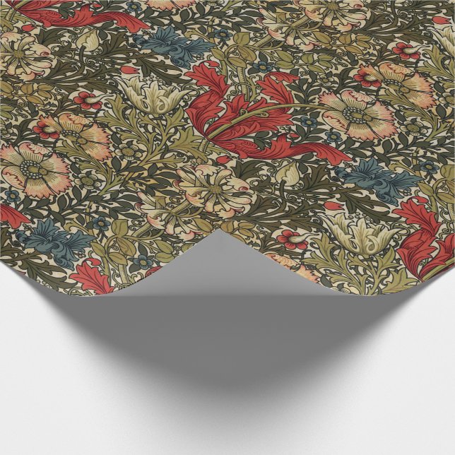 Papel De Regalo William Morris Elegante Patrón Floral Verde Rojo (Esquina)