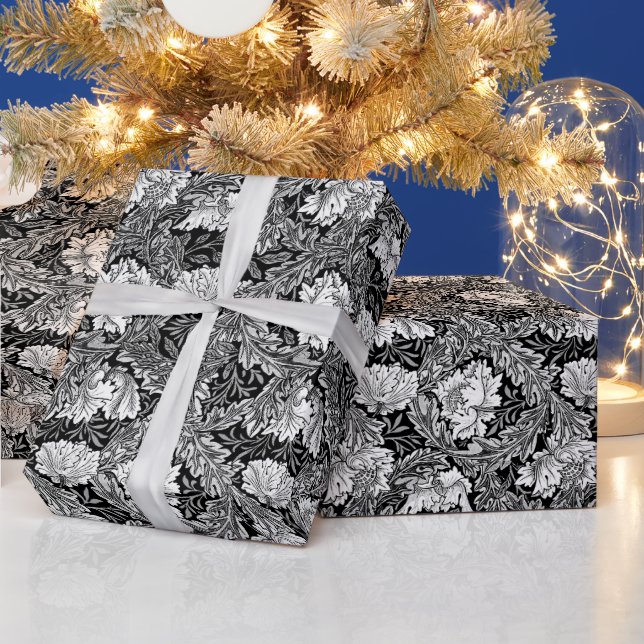 Papel De Regalo William Morris Floral, negro, blanco y gris / gris (Vacaciones)