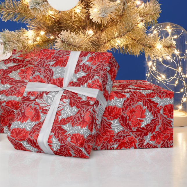 Papel De Regalo William Morris Floral, rojo profundo y gris platea (Vacaciones)