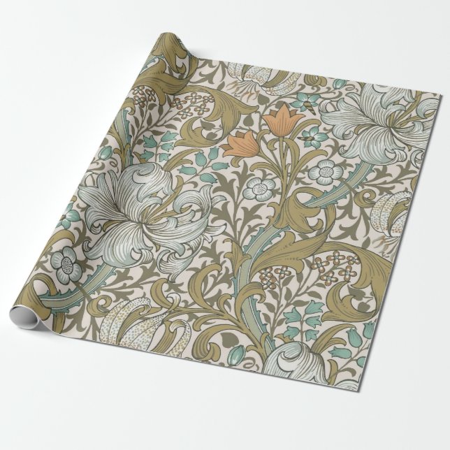 Papel De Regalo William Morris Golden Lily Blue Gold (Desenrollado)