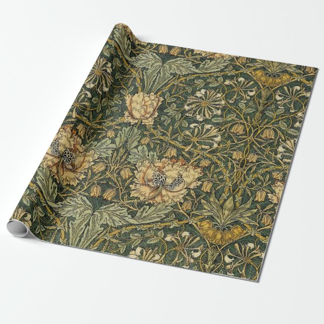 Papel De Regalo William Morris Honeysuckle Green Floral (Desenrollado)