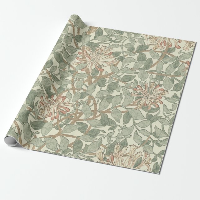 Papel De Regalo William Morris Honeysuckle Green Floral (Desenrollado)
