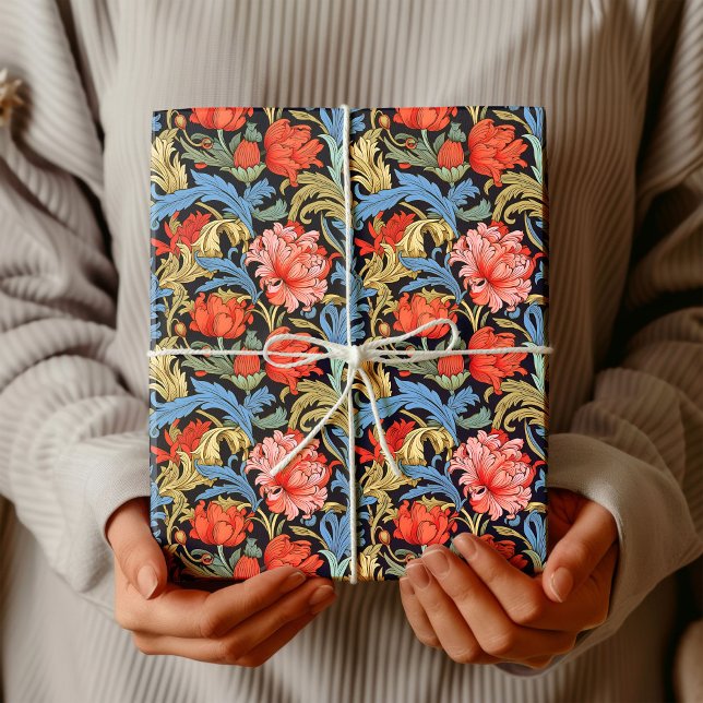 Papel De Regalo William Morris inspirado en azul rosa pastel profu (William Morris inspired deep red pastel pink blue Wrapping Paper)