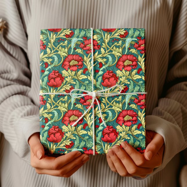 Papel De Regalo William Morris inspirado en el rojo profundo azul  (William Morris inspired deep red pastel green blue Wrapping Paper)