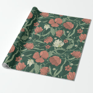 Papel De Regalo William Morris inspiró la flor botánica verde rojo