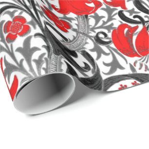 Papel De Regalo William Morris Iris y Lily, Negro, Blanco y Rojo