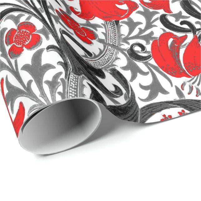 Papel De Regalo William Morris Iris y Lily, Negro, Blanco y Rojo (Esquina del rollo)