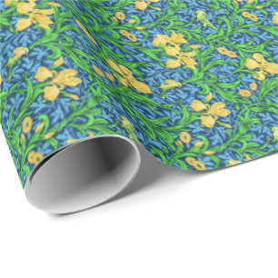 Papel De Regalo William Morris Irises, amarillo y azul cobalto