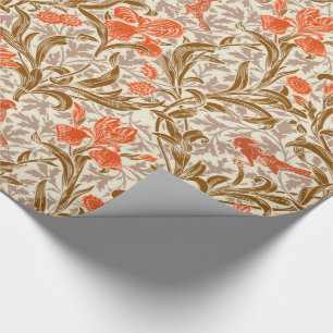 Papel De Regalo William Morris Irises, Naranja de Coral, marrón y