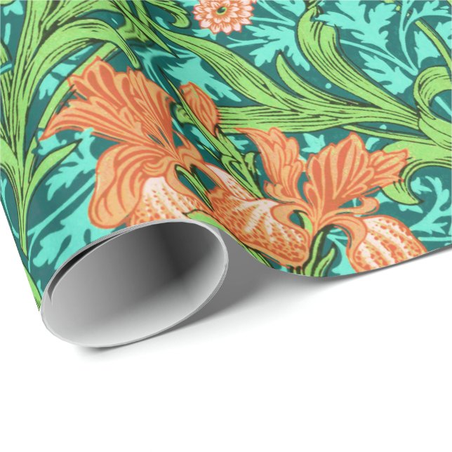 Papel De Regalo William Morris Irises, Naranja y turquesa (Esquina del rollo)