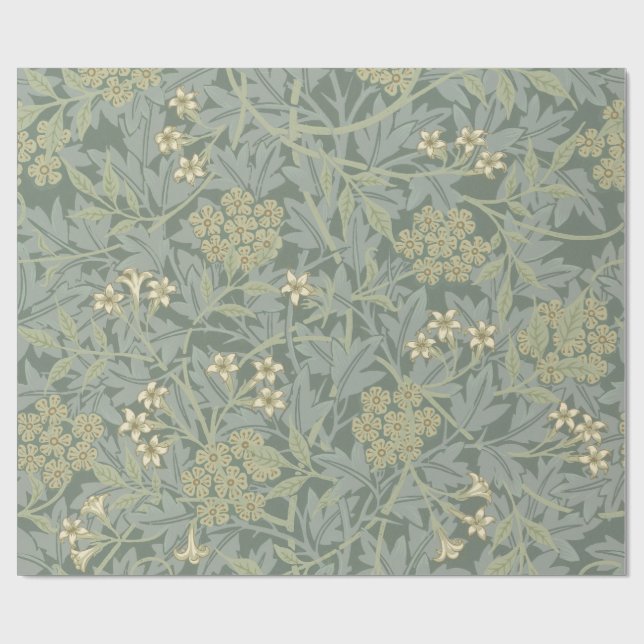 Papel De Regalo William Morris Jasmine Azul Arte Botánico Verde (Superficie plana)