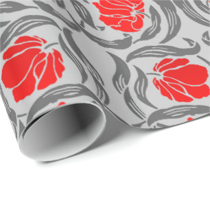 Papel De Regalo William Morris Pimpernel, gris plateado y rojo