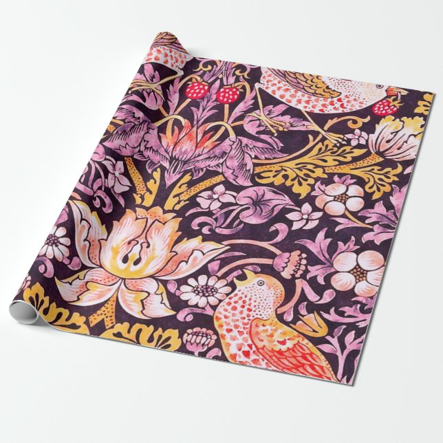 Papel De Regalo William Morris Strawberry Thief Purple Version (Desenrollado)