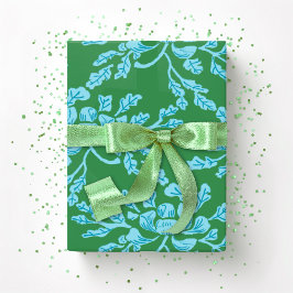 Papel De Regalo Winding Peony Woodcut in Green and Aqua