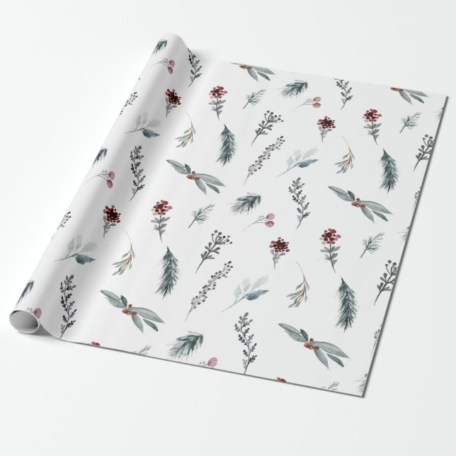 Papel De Regalo Winter Blue Spruce & Mulled Berries White (Desenrollado)