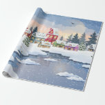 Papel De Regalo Winter Christmas landscape with snow-covered house<br><div class="desc">Winter Christmas landscape with snow-covered houses in a pine forest on the banks of a frozen river. Christmas holidays illustration. 
christmas, snow, forest, landscape, village, abstract, architecture, background, bird, buildings, celebration, christmas tree, city, cityscape, cottage, december, decoration, greeting, holiday, house, vintage, retro, illustration, </div>