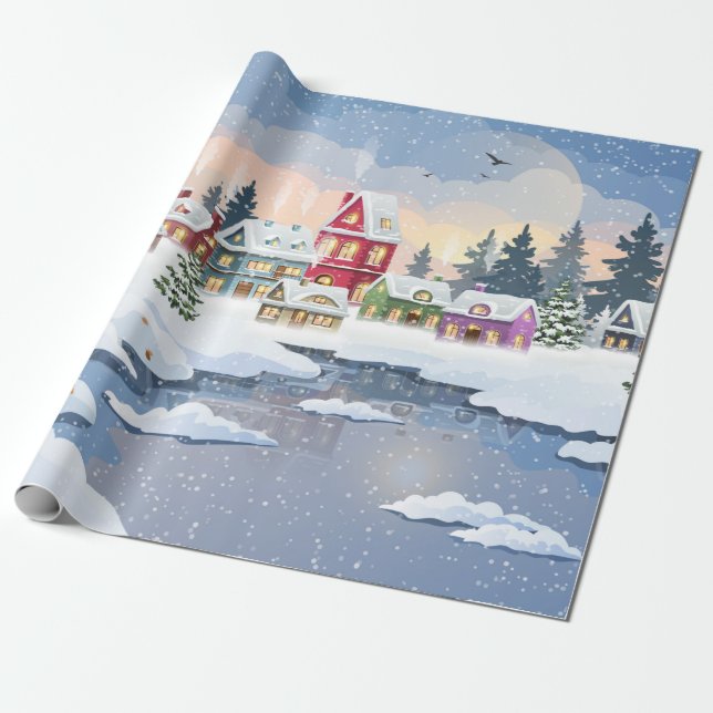 Papel De Regalo Winter Christmas landscape with snow-covered house (Desenrollado)