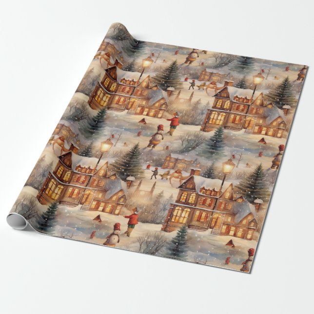 Papel De Regalo Winter Home Snow Village (Desenrollado)