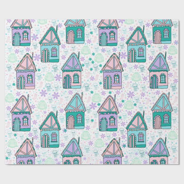 Papel De Regalo Winter Houses Art – Cozy Snowy Village Design  (Superficie plana)