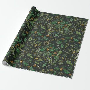 Papel De Regalo Winter Juniper Pine Gift Wrap on Black Background