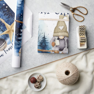 Papel De Regalo Winter Lady Gnome Blue Forest Feliz Navidad