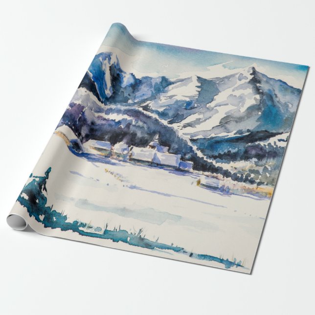 Papel De Regalo Winter landscape with mountain village covered wit (Desenrollado)