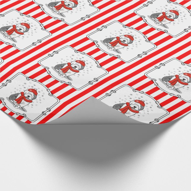 Papel De Regalo Winter (rojo) Perro inglés viejo (gris 1) lindo (Esquina)