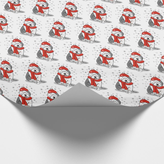 Papel De Regalo Winter (rojo) Perro inglés viejo (gris 1) lindo (Esquina)