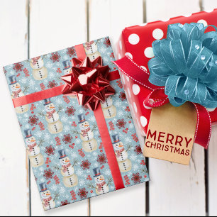 Papel De Regalo Winter Snowman Berries Copos de nieve Azul