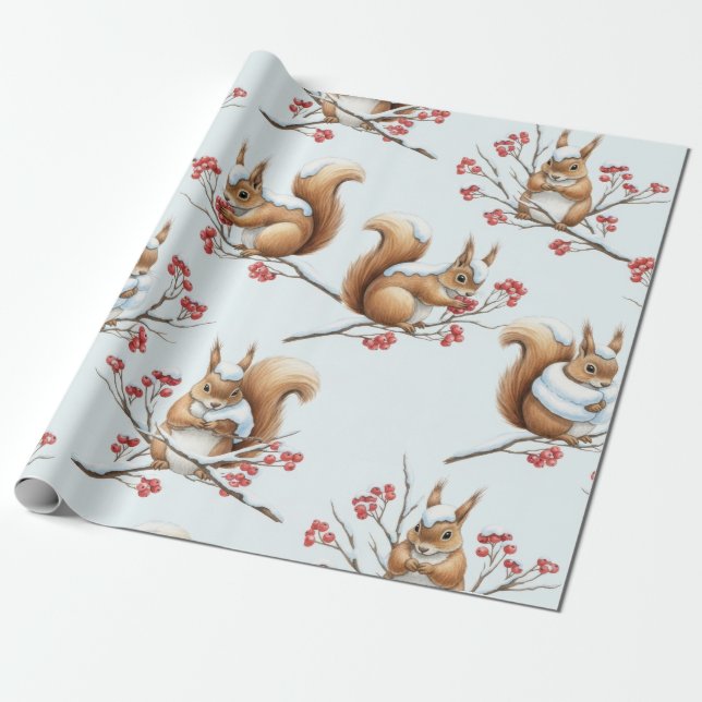 Papel De Regalo Winter Squirrels Among Snowy Branches (Desenrollado)