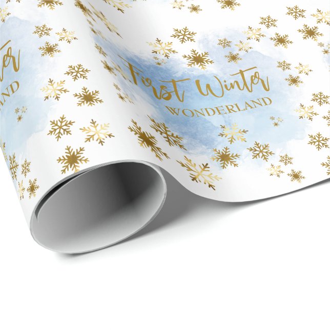 Papel De Regalo Winter Wonderland Gold Snowflakes (Esquina del rollo)