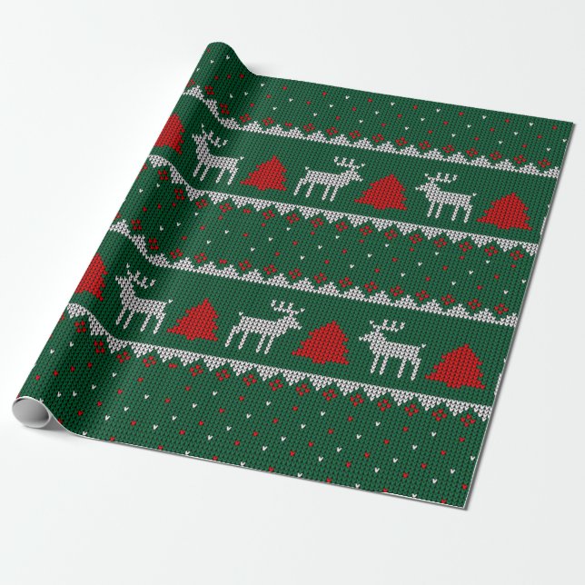 Papel De Regalo Winter Wonderland,Reindeer Pine Tree Green (Desenrollado)