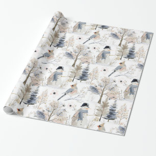 Papel De Regalo Winter Wonderland Snowman and Bird Pattern