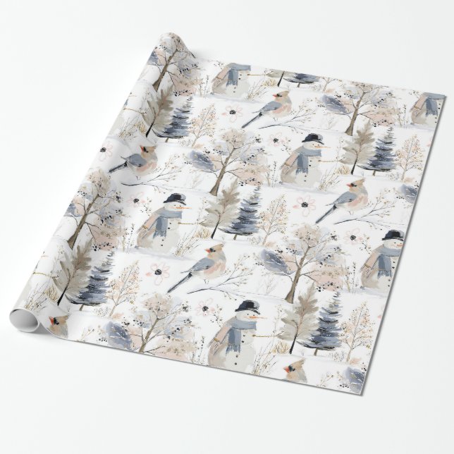 Papel De Regalo Winter Wonderland Snowman and Bird Pattern (Desenrollado)