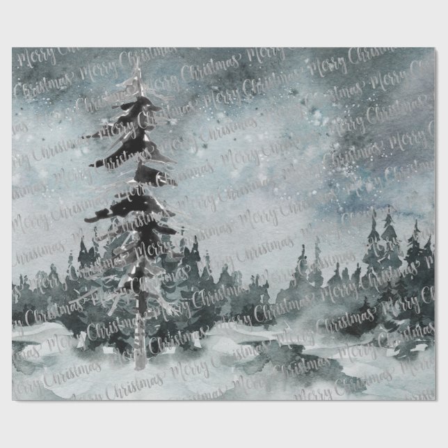Papel De Regalo Winter Woodland Forest Silver Feliz Navidad (Superficie plana)
