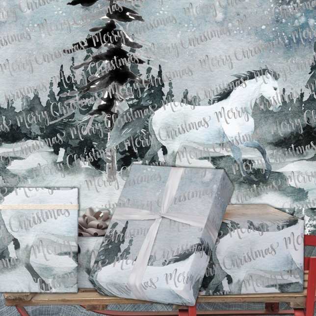 Papel De Regalo Winter Woodland Forest White Horse Feliz Navidad (Winter Woodland Forest White Horse Merry Christmas in Silver Calligraphy Holiday Gift Wrapping Rolls)