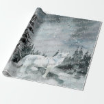Papel De Regalo Winter Woodland Forest White Wolf Merry Christmas<br><div class="desc">Una acuarela pintó el bosque de invierno al atardecer con un lobo blanco en primer plano,  y las palabras,  Feliz Navidad,  escritas en una hermosa caligrafía de plata por todo el periódico.</div>