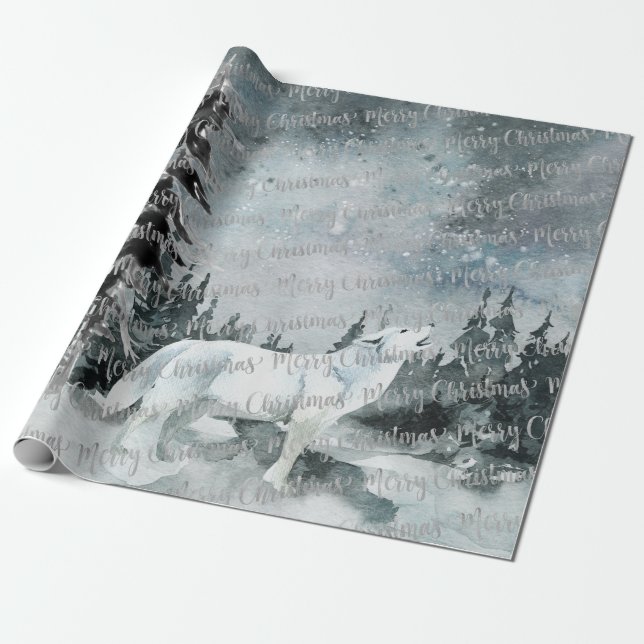 Papel De Regalo Winter Woodland Forest White Wolf Merry Christmas (Desenrollado)