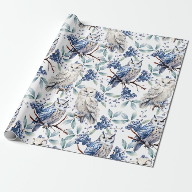 Papel De Regalo Winter Woodland Great White Owings Blue Berries (Desenrollado)