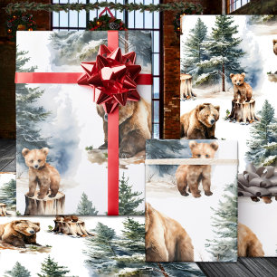 Papel De Regalo Winter Woodland Mother & Cub Grizzly Bear Country
